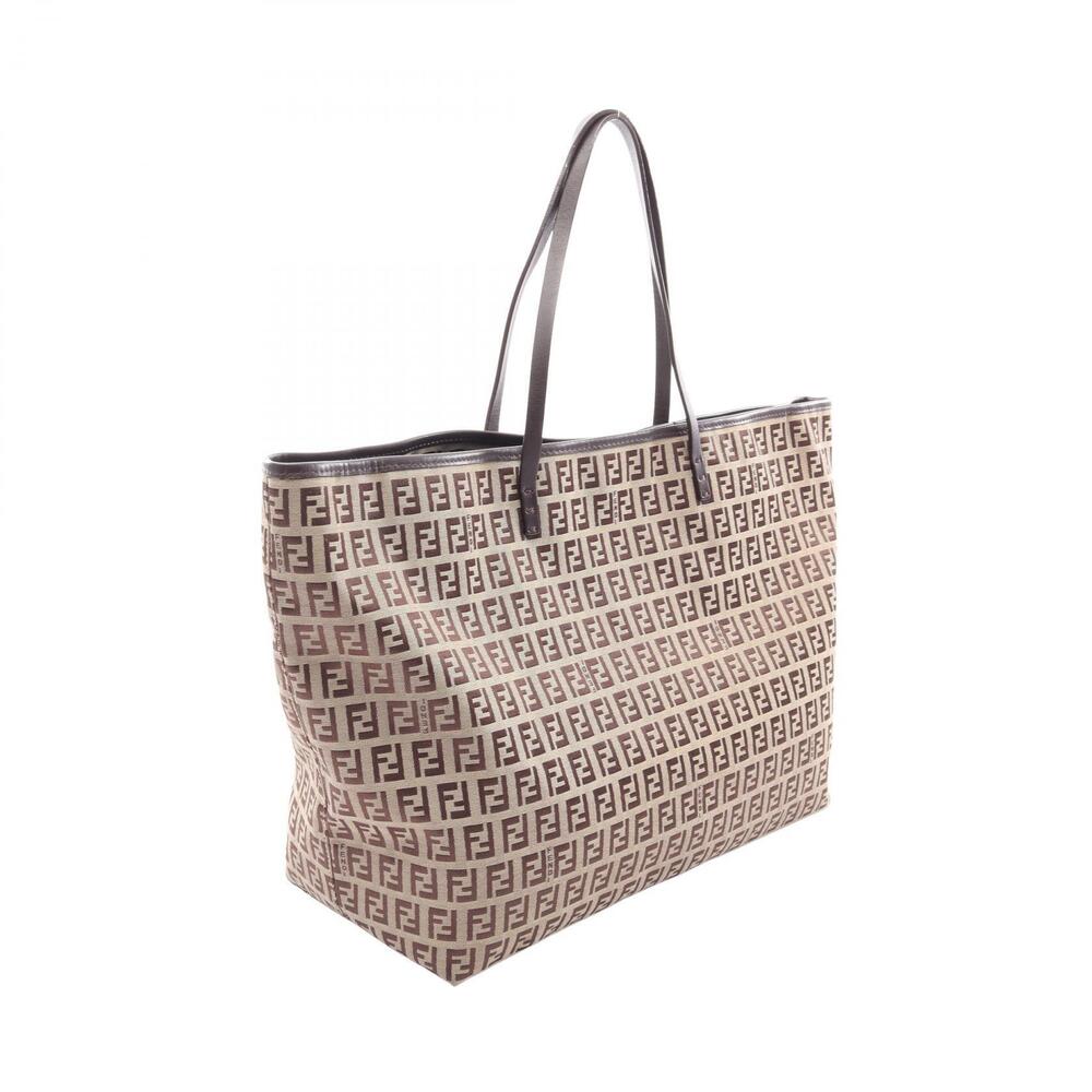 Fendi Brown Zucchino Leather Beige Tote Canvas Bag Brown Tan
